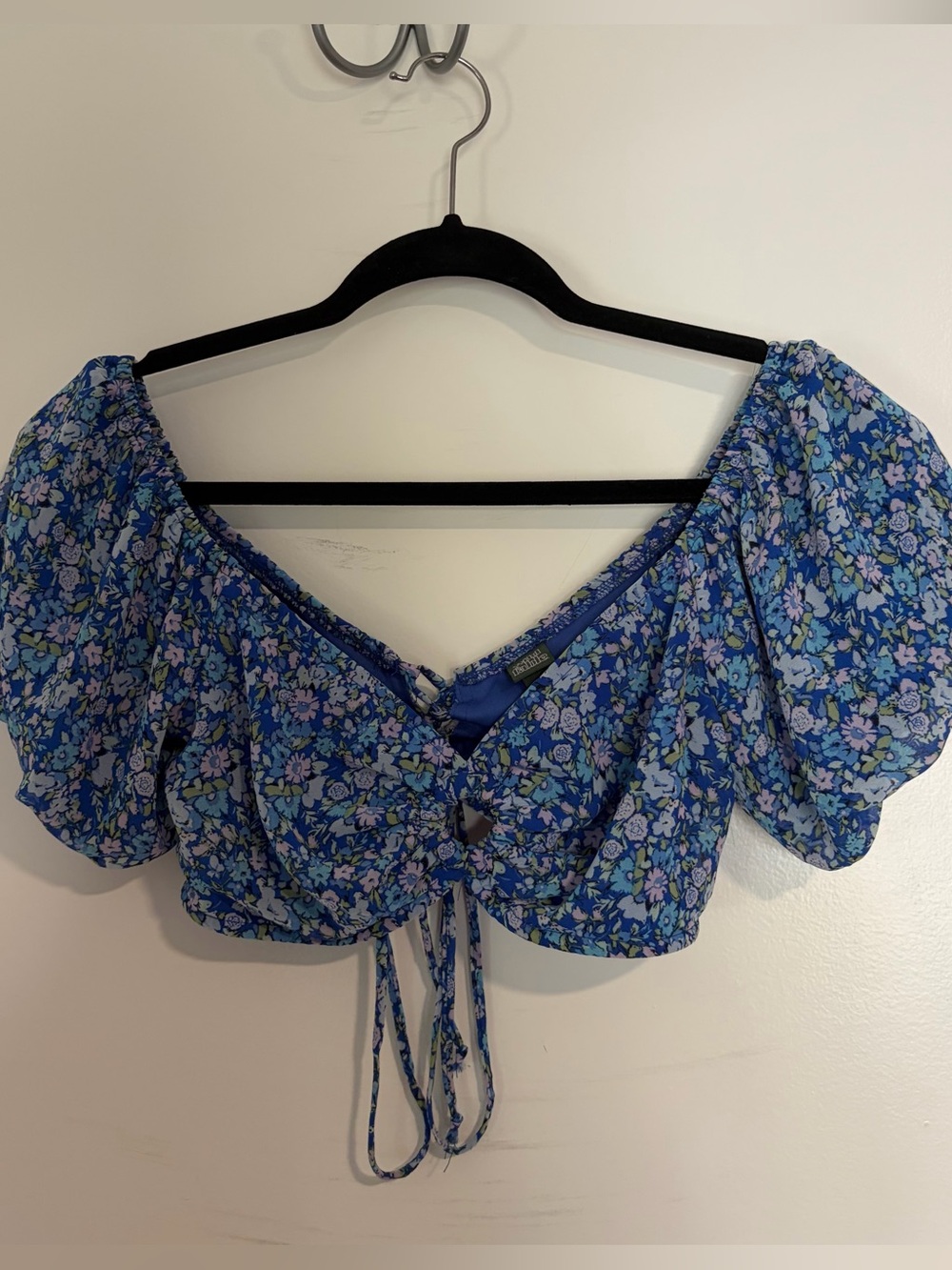 wild fable Blue Floral Tie-Front Puff Sleeve Crop Top